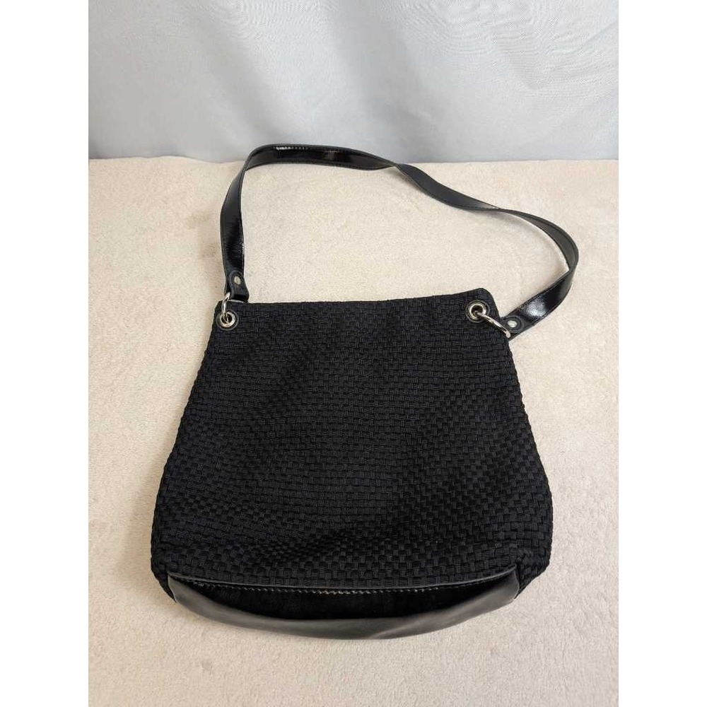 Woven Shoulder Bag Black Glossy Trim‎ Fashion Handbag Everyday Tote Purse